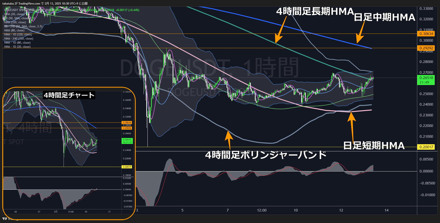 ドージコイン（DOGE）1時間足チャート分析2025年2月13日 短期は0.29292ドル突破が目標