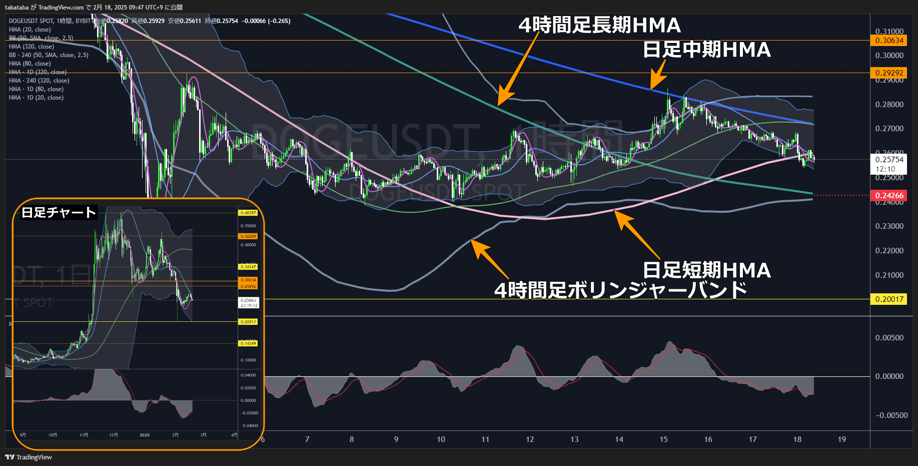 ドージコイン（DOGE）-1時間足チャート分析2025年2月18日
日足レベルでは下降トレンド継続中、0.24266ドルまで下落する可能性あり
