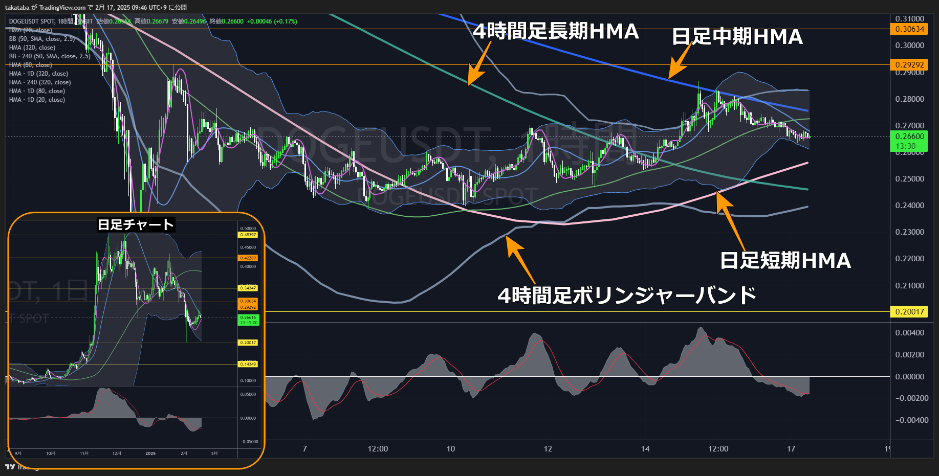 ドージコイン（DOGE）-1時間足チャート分析2025年2月17日
日足レベルでは下降準備完了のチャート配置
