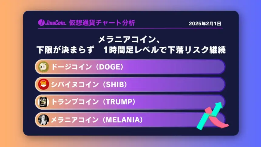 メラニアコイン、下限が決まらず　1時間足レベルで下落リスク継続　ミームコインチャート分析：ドージコイン（DOGE）、柴犬コイン（SHIB）トランプコイン（TRUMP）、メラニアコイン（MELANIA）2025-02-01