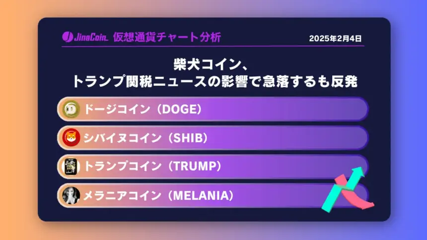 柴犬コイン、トランプ関税ニュースの影響で急落するも反発　ミームコインチャート分析：ドージコイン（DOGE）、柴犬コイン（SHIB）、トランプコイン（TRUMP）、メラニアコイン（MELANIA）2025-02-04