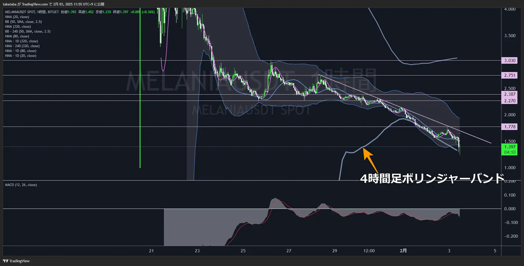 メラニアコイン（MELANIA）-1時間足チャート分析2025年2月3日
トレンドラインで上昇が止められた場合はさらに短期的な下落
