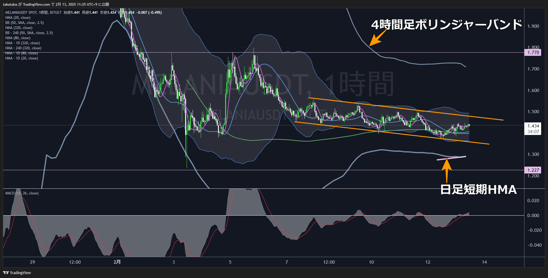 メラニアコイン（MELANIA）-1時間足チャート分析2025年2月13日
上昇傾向、トレンド開始の始点に注目
