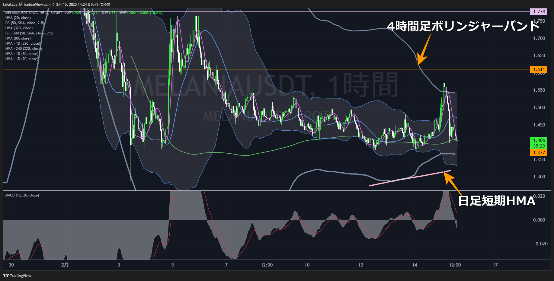 メラニアコイン（MELANIA）-1時間足チャート分析2025年2月15日
急騰するも下落、引き続き横ばい相場となる予想
