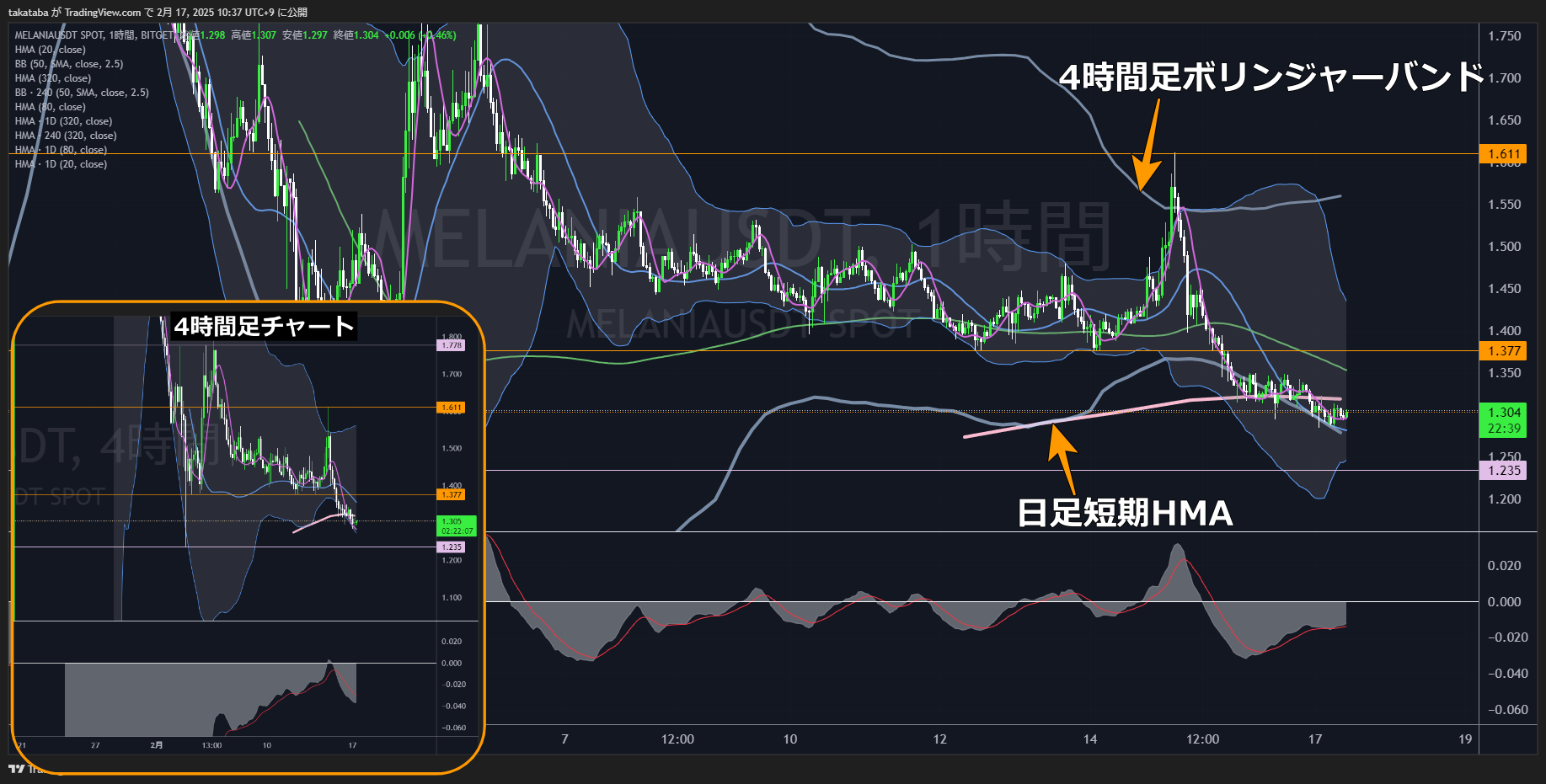 メラニアコイン（MELANIA）-1時間足チャート分析2025年2月17日
短期的には下降の押し目形成の値動き
