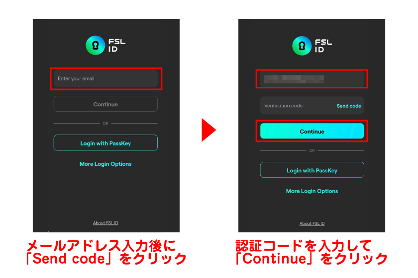 メールアドレス入力後に「Send code」をクリックし、届いた認証コードを入力して「Continue」をクリック