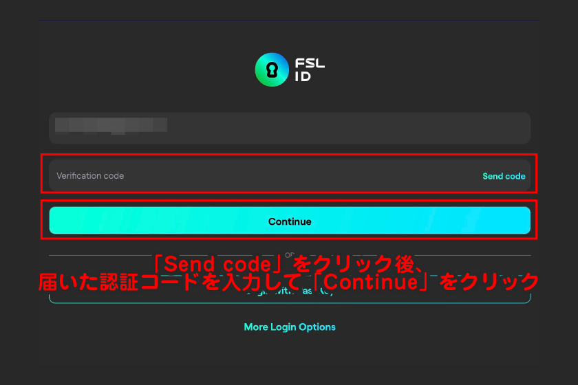 「Send code」をクリック後、届いた認証コードを入力して「Continue」をクリック