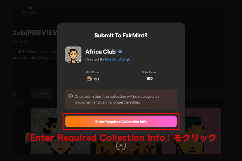 「Enter Required Collection Info」をクリック