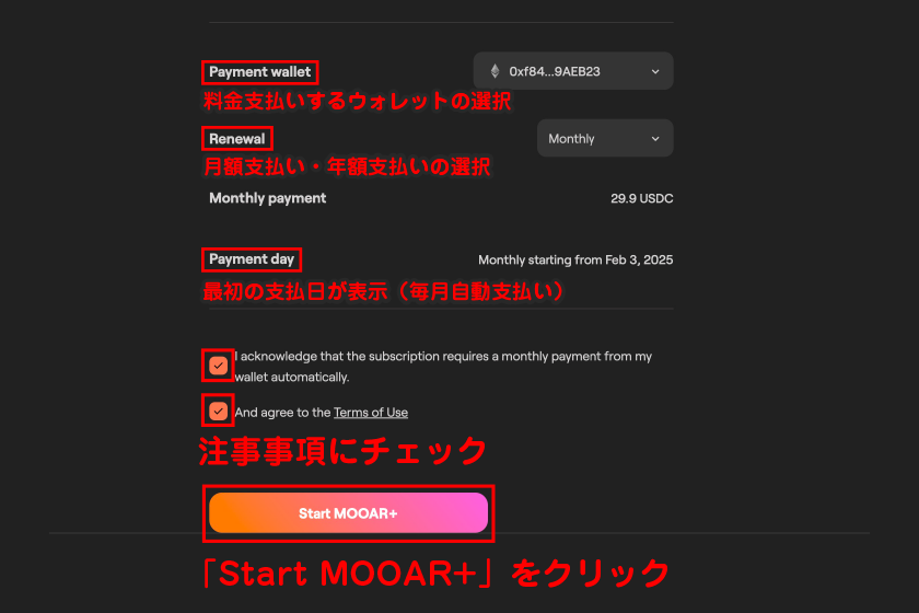 各種項目を設定して注事事項にチェック後、「Start MOOAR+」をクリック