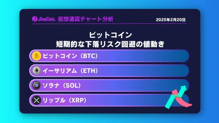 ビットコイン、短期的な下落リスク回避の値動き　仮想通貨チャート分析：　ビットコイン（BTC）、イーサリアム（ETH）、ソラナ（SOL）、リップル（XRP）2025-02-20