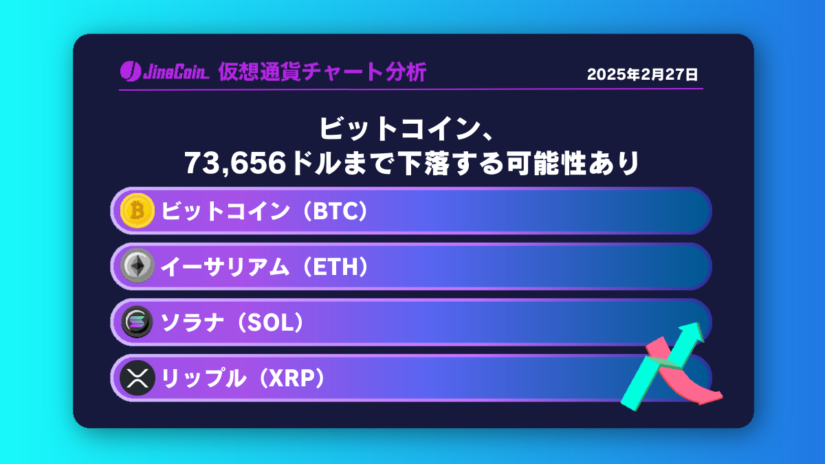 ビットコイン、押し目形成後73,656ドルまで下落する可能性あり　仮想通貨チャート分析：　ビットコイン（BTC）、イーサリアム（ETH）、ソラナ（SOL）、リップル（XRP）2025-02-27