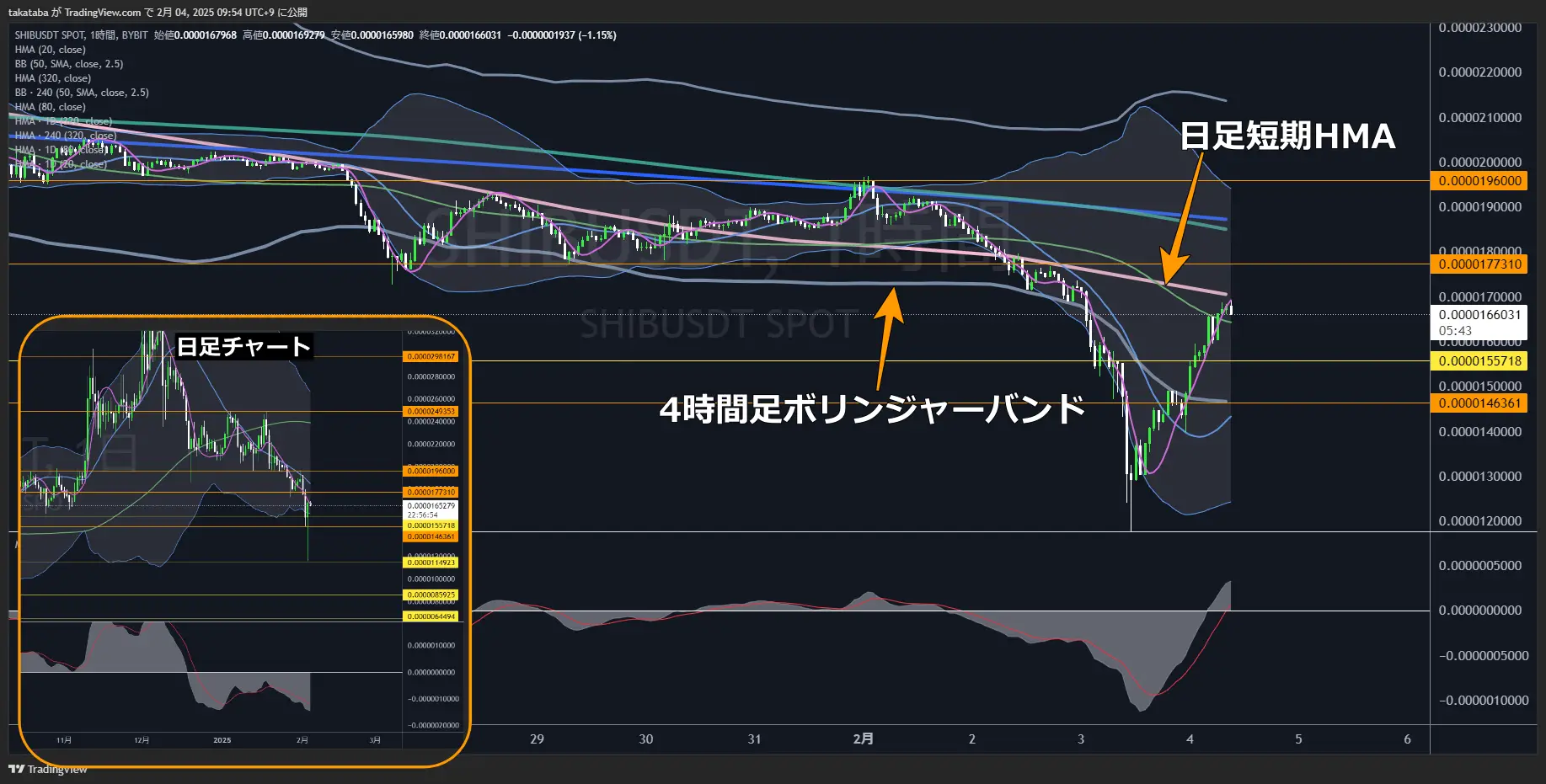 柴犬コイン（SHIB）1時間足チャート分析2025年2月4日
リスク回避の値動きは一旦収まるが1時間足レベルで下落の可能性が残る
