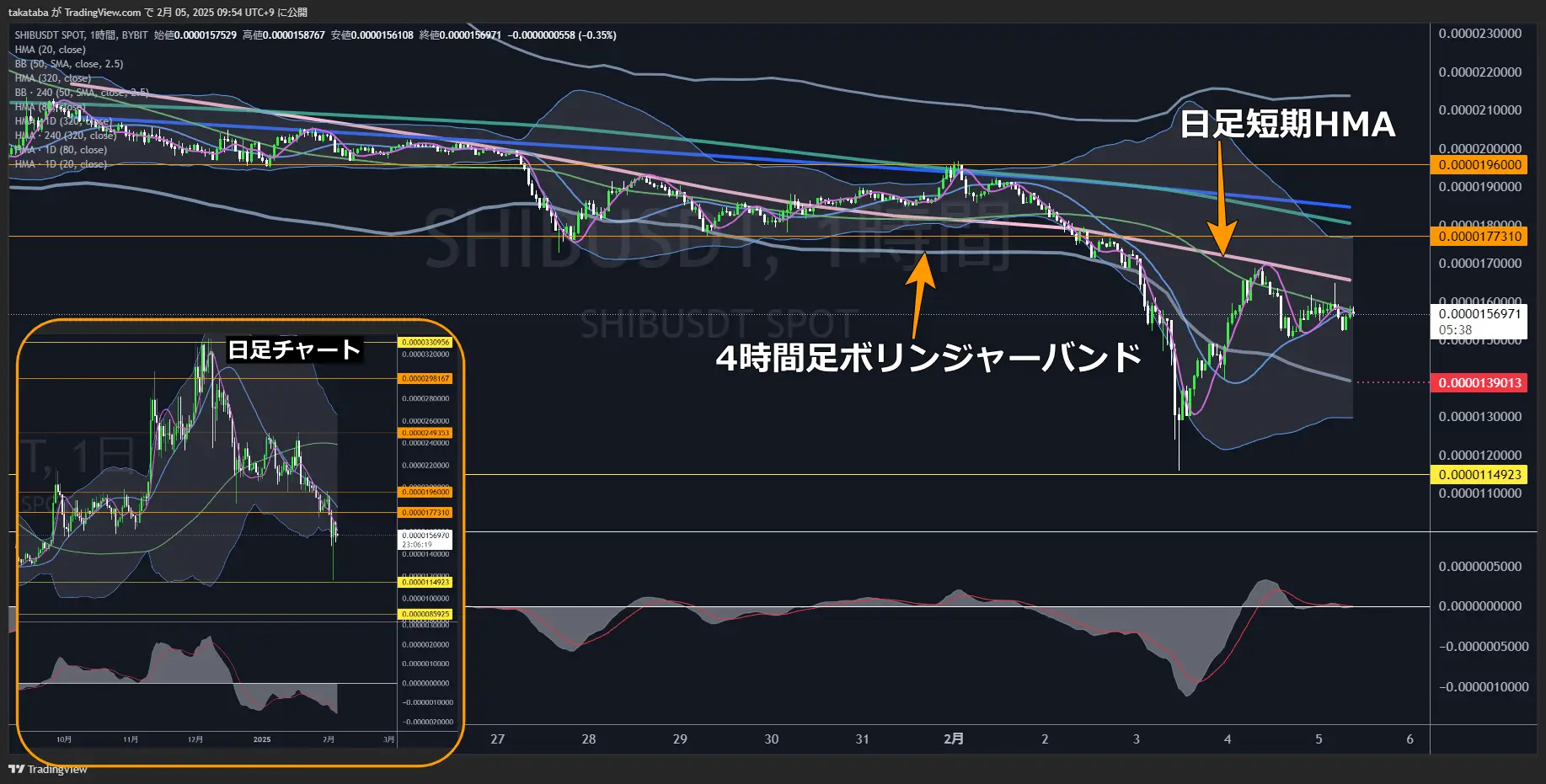 柴犬コイン（SHIB）-1時間足チャート分析2025年2月5日
今後中長期では押し目形成の値動きに移行する見通し
