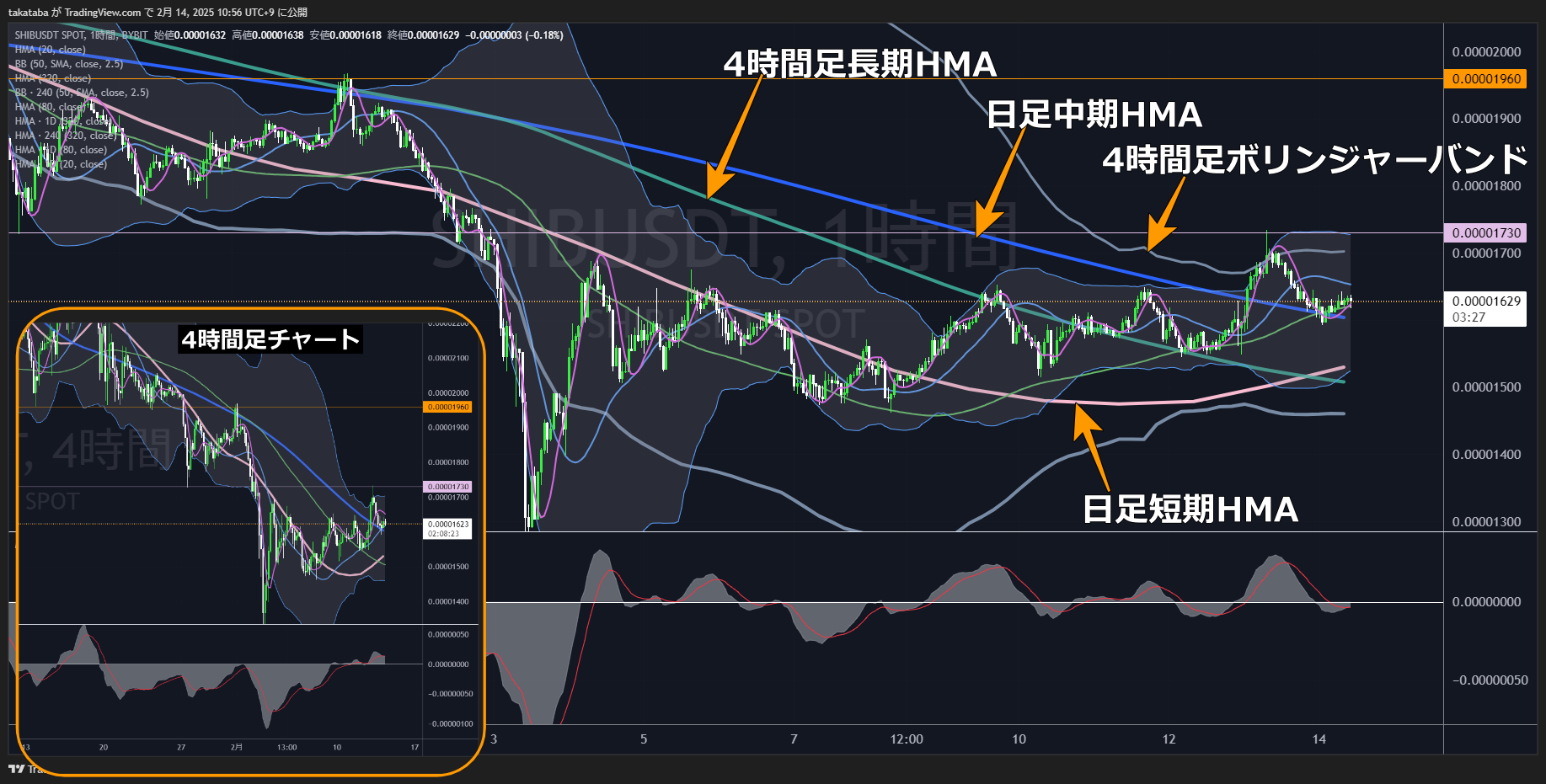 柴犬コイン（SHIB）-1時間足チャート分析2025年2月14日
0.00001730ドル付近が分岐点となる予想
