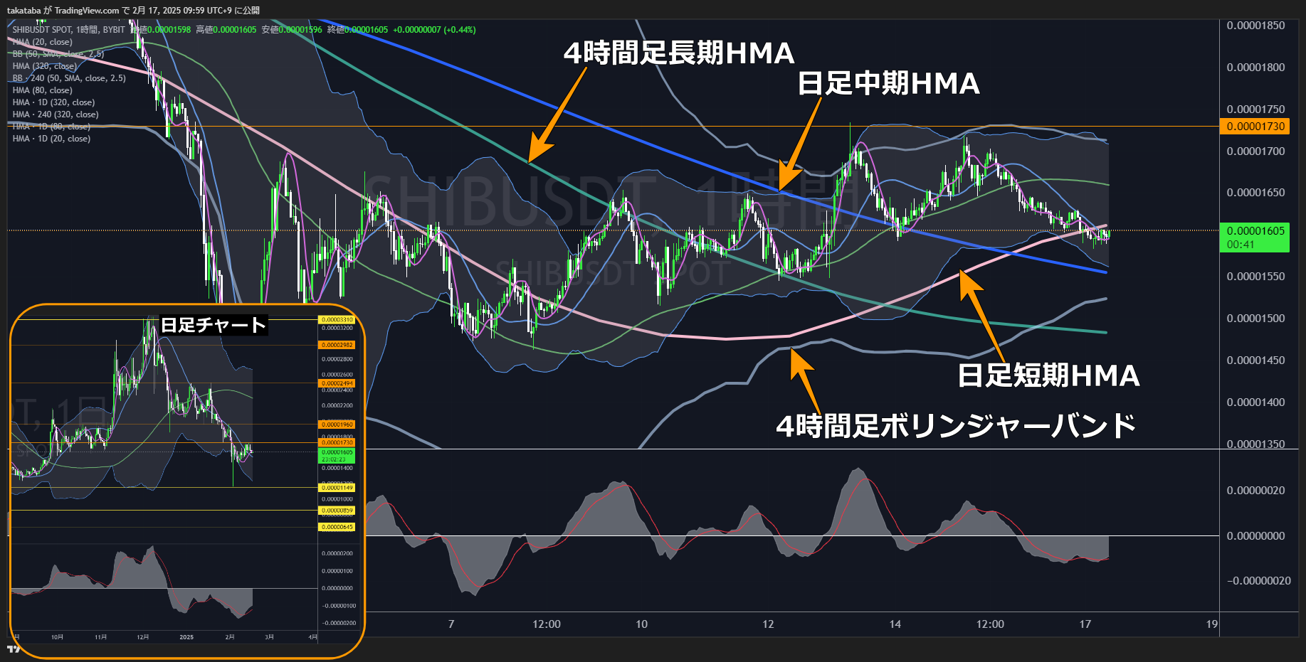 柴犬コイン（SHIB）-1時間足チャート分析2025年2月17日
中期的な方向感を決める分岐点、各HMA付近での値動きに注目
