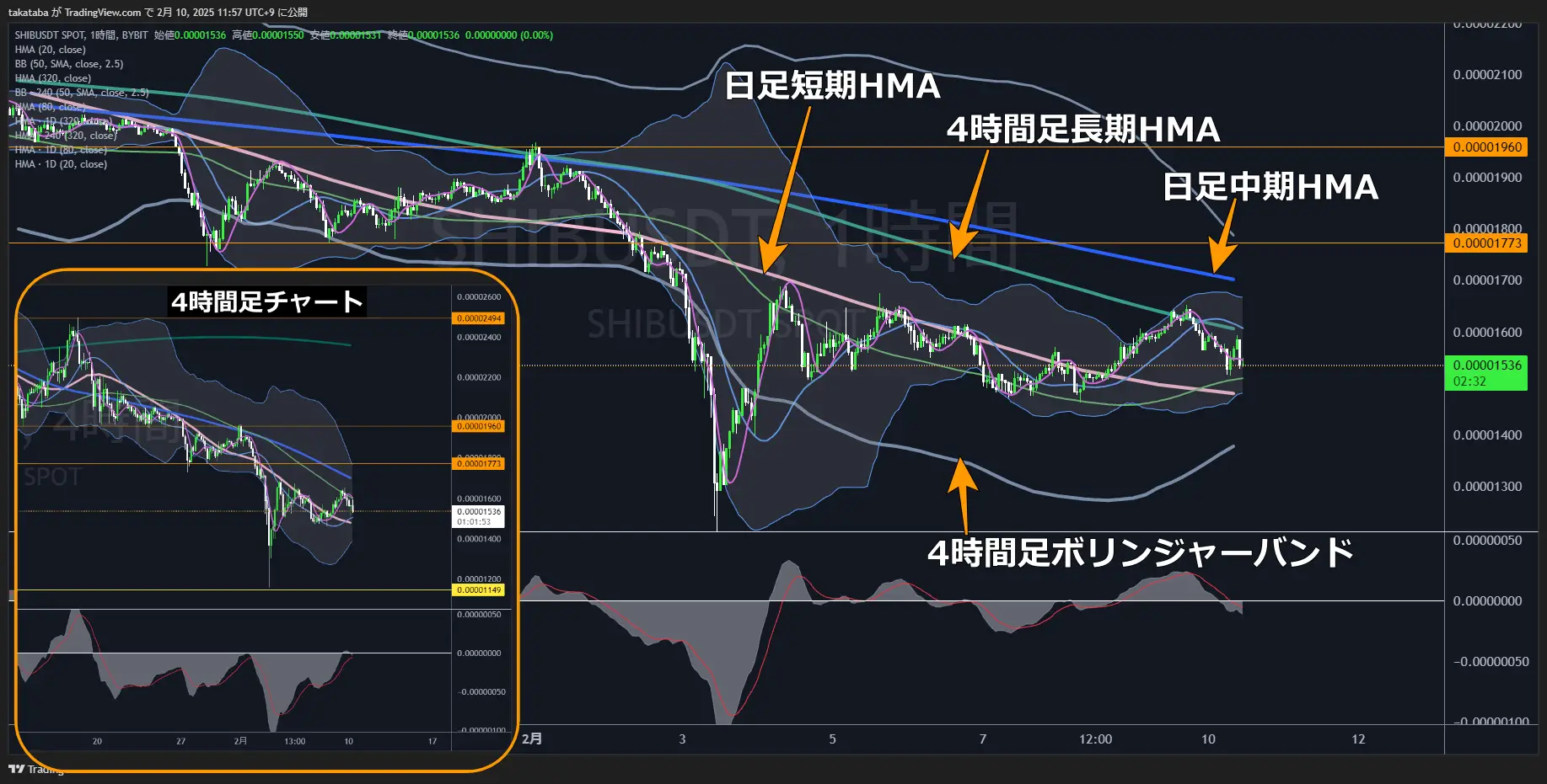 柴犬コイン（SHIB）-1時間足チャート分析2025年2月10日
短期的な買い圧が増えれば上昇の可能性があるが限定的
