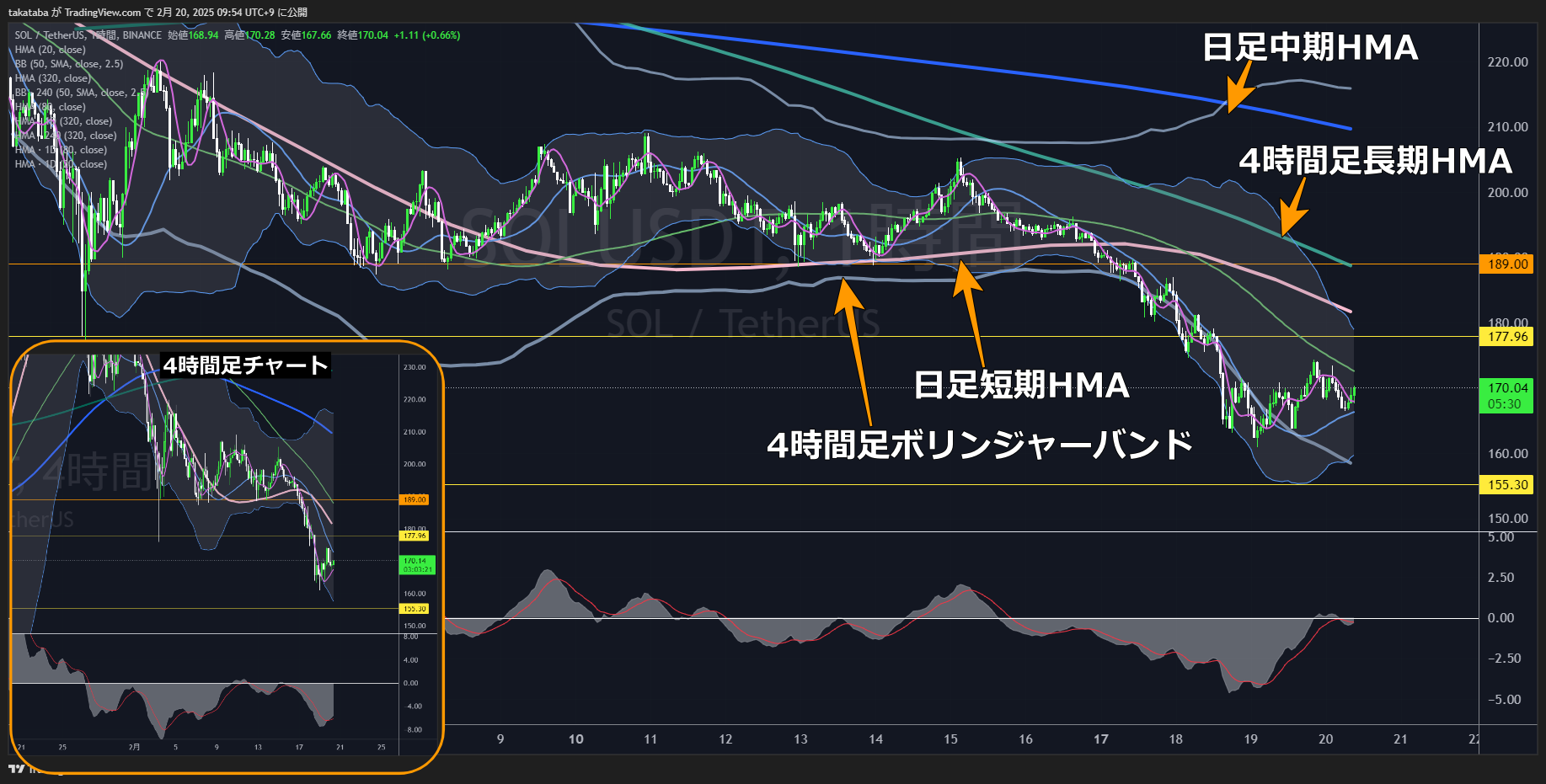 ソラナ（SOL）-1￥時間足チャート分析2025年2月20日
155.30ドル付近まで下落の可能性大
