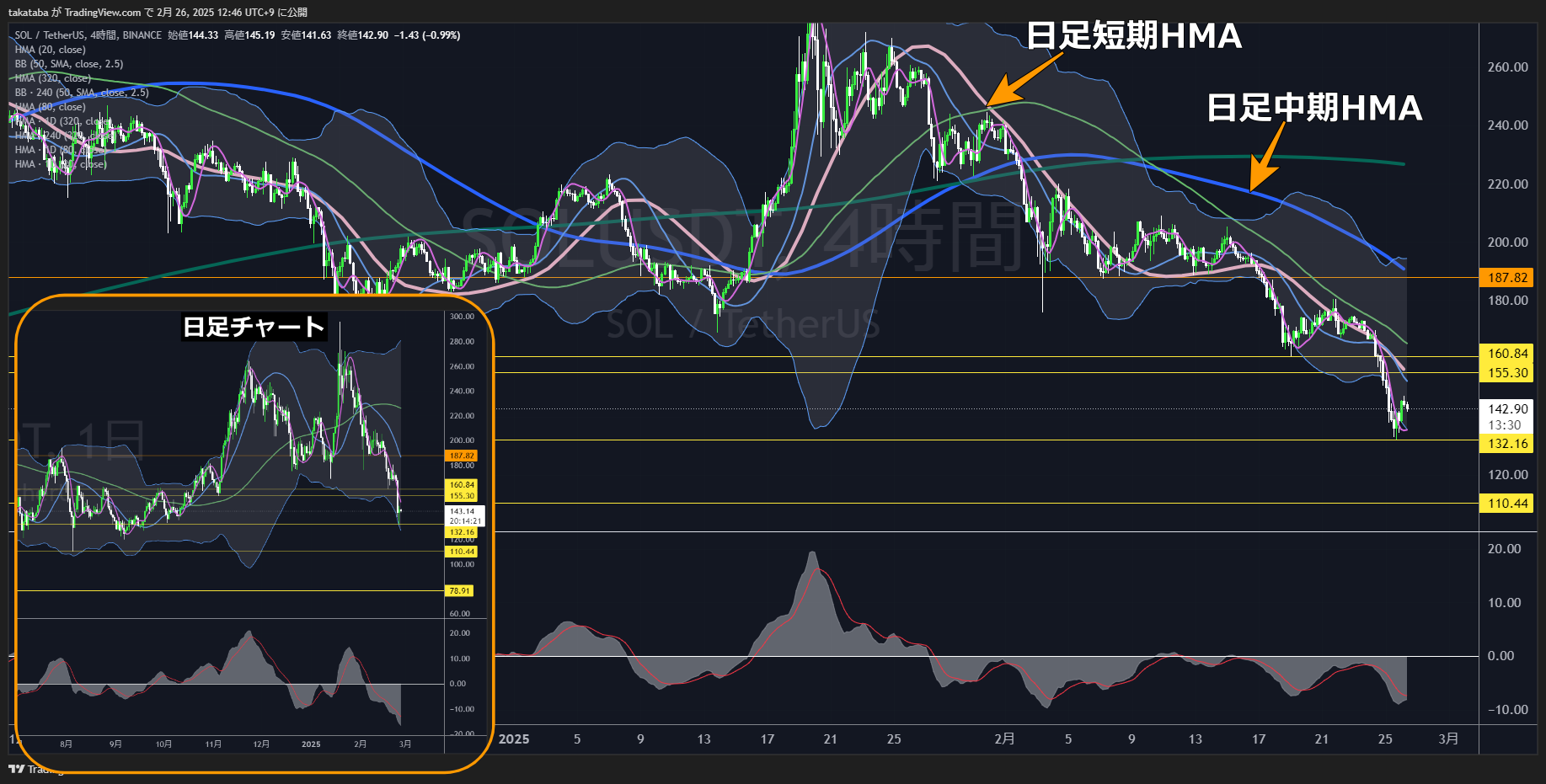 ソラナ（SOL）-4時間足チャート分析2025年2月26日
中長期的な下落の値動きに警戒
