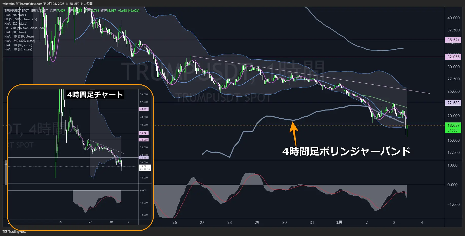 トランプコイン（TRUMP）-1時間足チャーt分析2025年2月3日
22.683ドルで上昇が止められれば再度下落する可能性大
