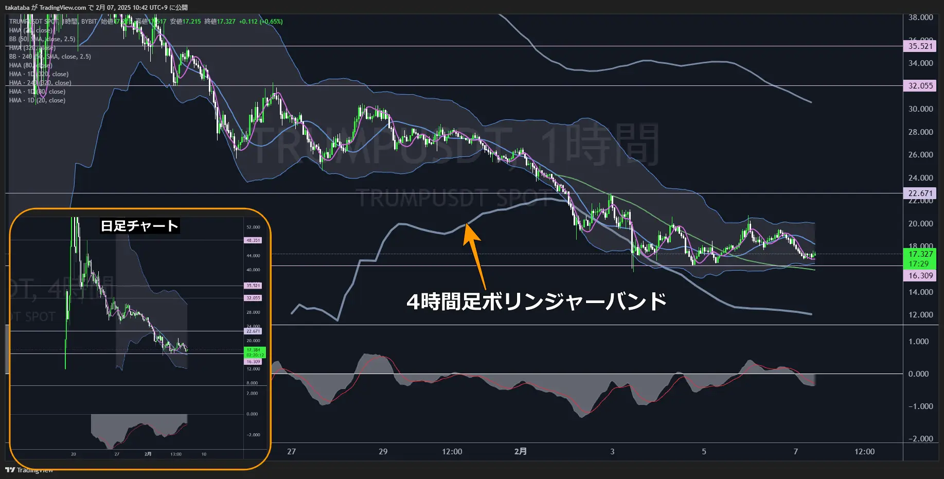 トランプコイン（TRUMP）-1時間足チャート分析2025年2月7日
上昇失敗だが可能性は残る
