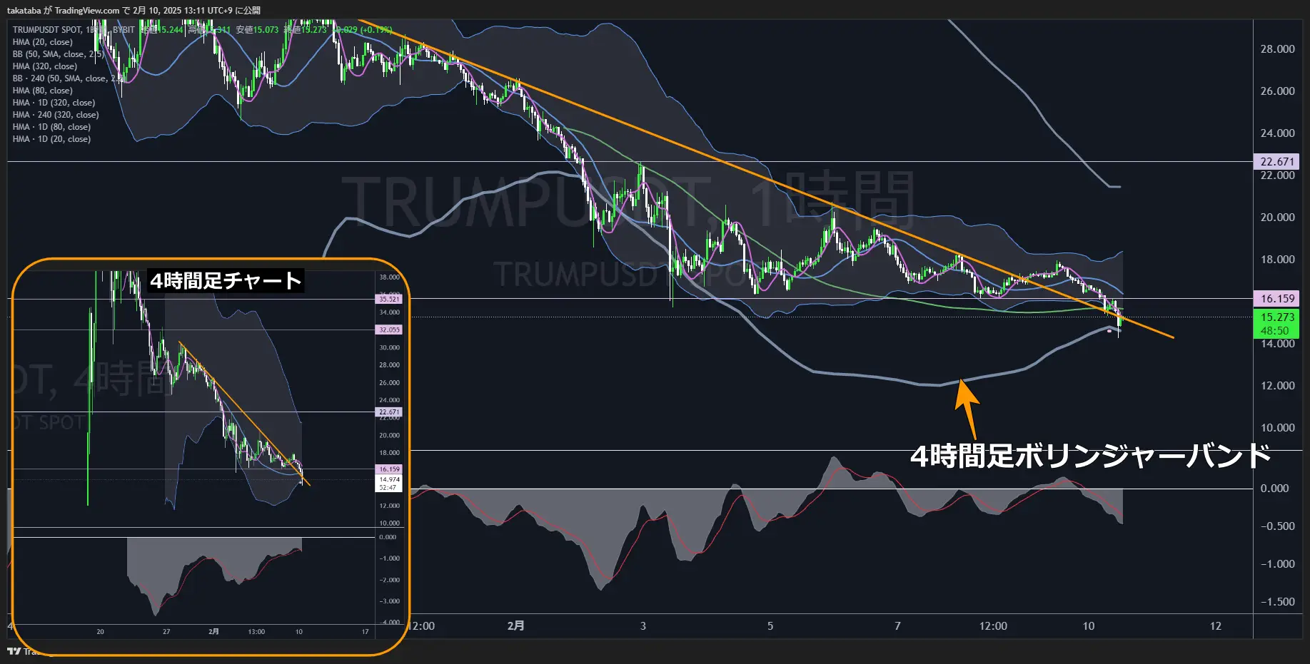 トランプコイン（TRUMP）-1時間足チャート分析2025年2月10日
サポート下抜け、大きく下落リスク高まる
