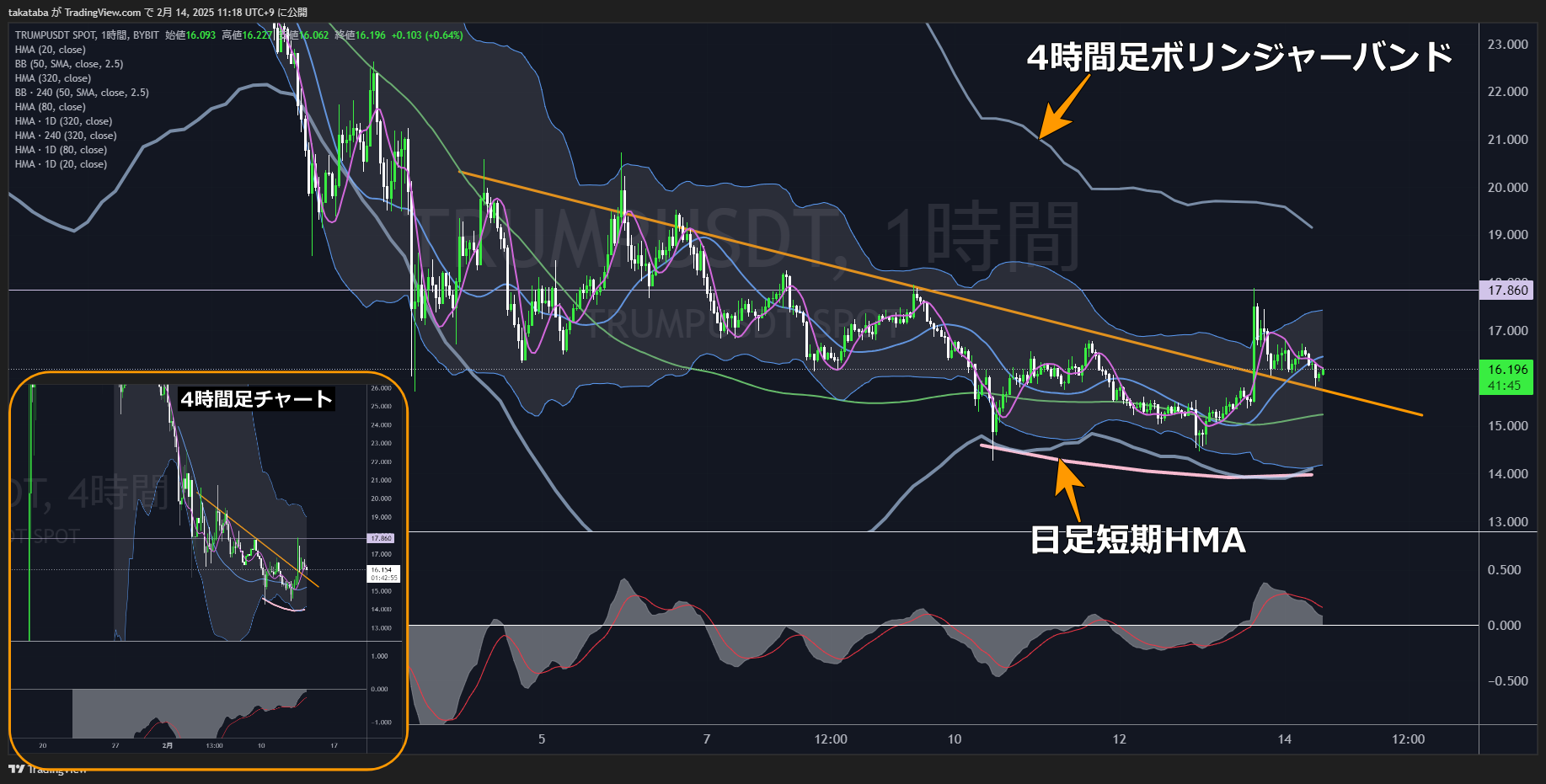 トランプコイン（TRUMP）-1時間足チャート分析2025年2月14日
上昇判断はトレンド発生確認後
