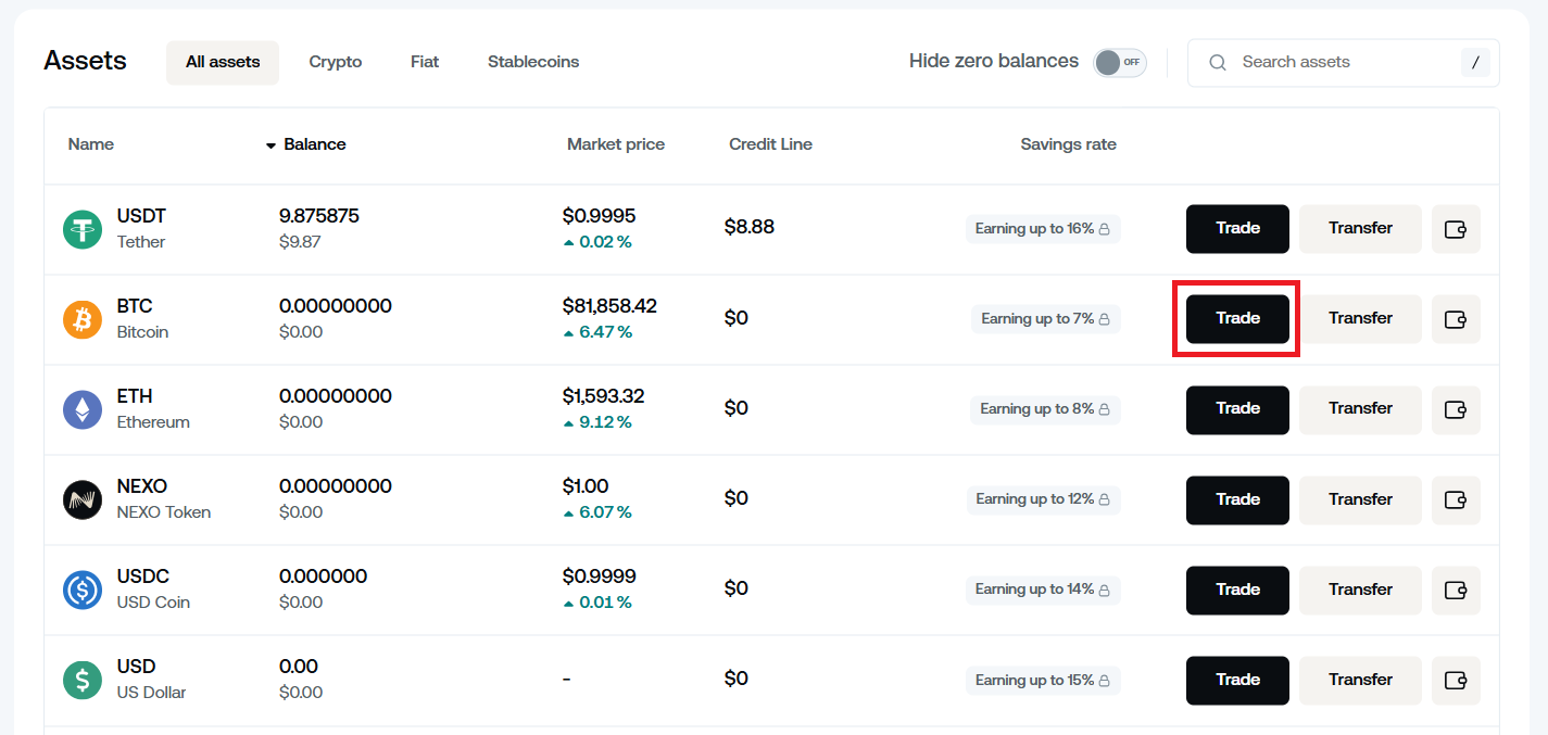ダッシュボード「Assets」から積み立てたい通貨の「Trade」を選択
