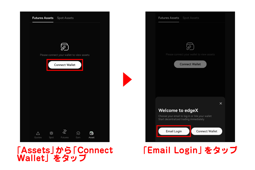 メニューの「Assets」から「Connect Wallet」→「Email Login」をタップ 画像9+10