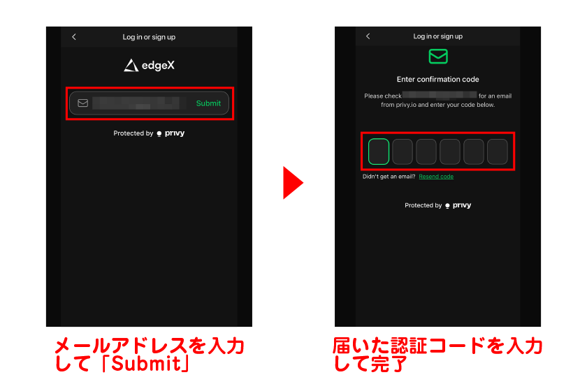 メールアドレスを入力して「Submit」→届いた認証コードを入力して完了 画像11+12