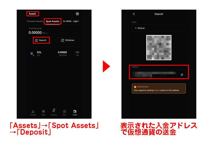 「Asset」から「Spot Assets」をタップ後、「Deposit」を選択画像15+16