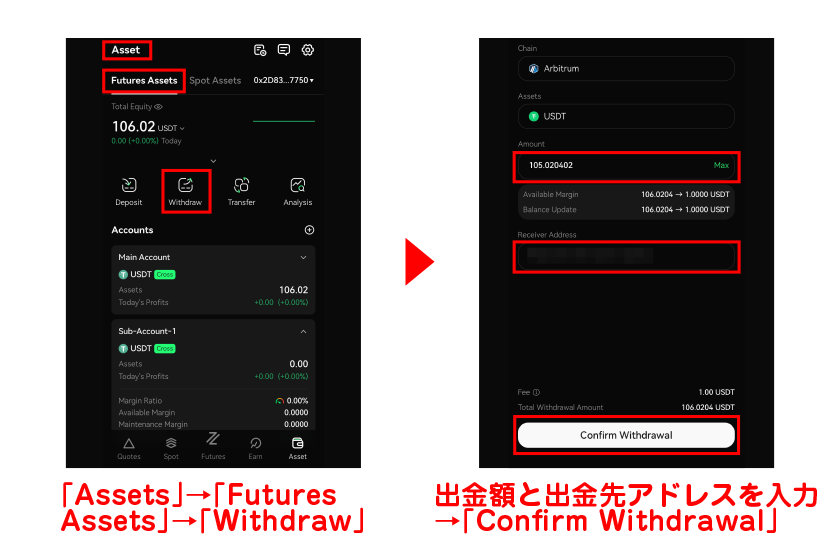 「Assets」から「Futures Assets」をタップし、「Withdraw」を選択画像17+18