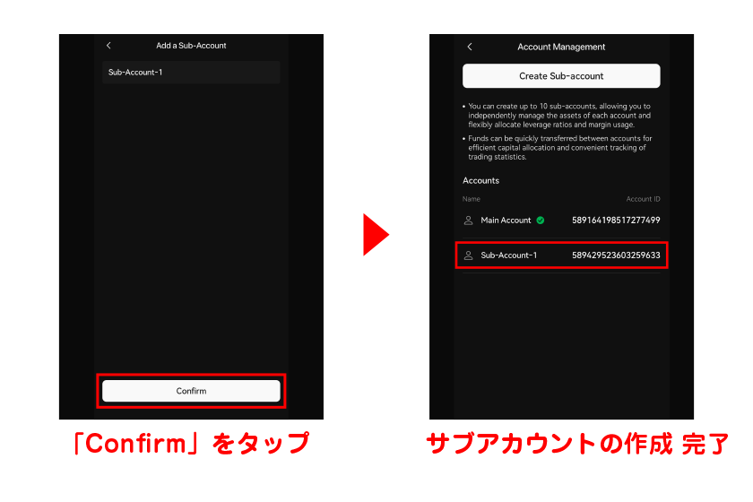 「Confirm」をタップすると、サブアカウントの作成が完了 画像23+24