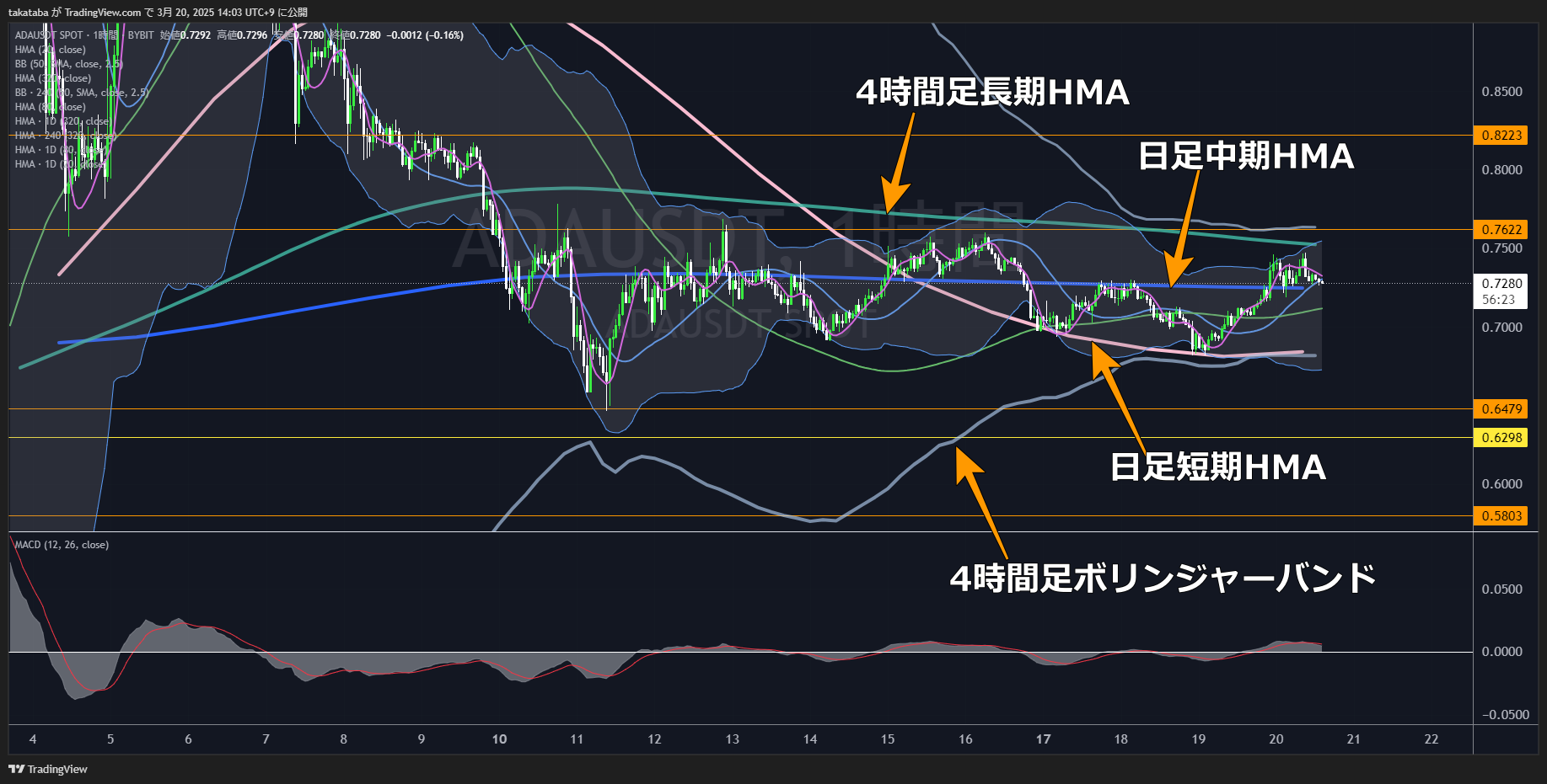 カルダノ（ADA）-1時間足チャート分析2025年3月20日
0.76ドルを突破するかが今後の焦点
