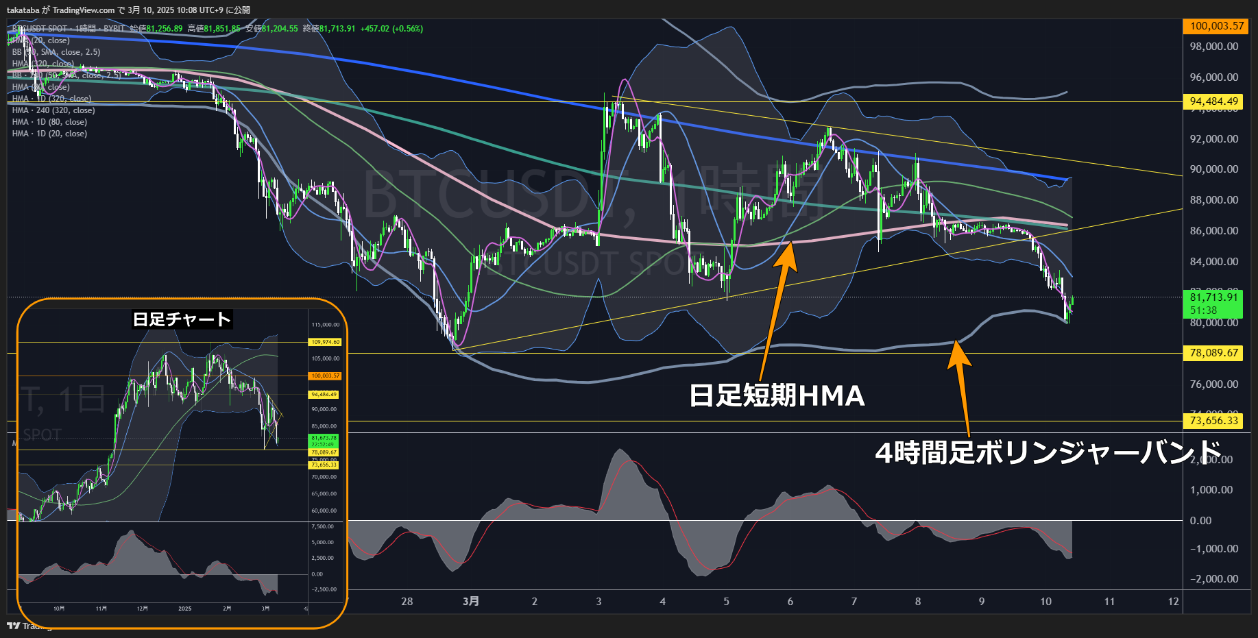 ビットコイン（BTC）-1時間足チャート分析2025年3月10日
短期は反発するも、押し目形成後長期的な下落となる予測
