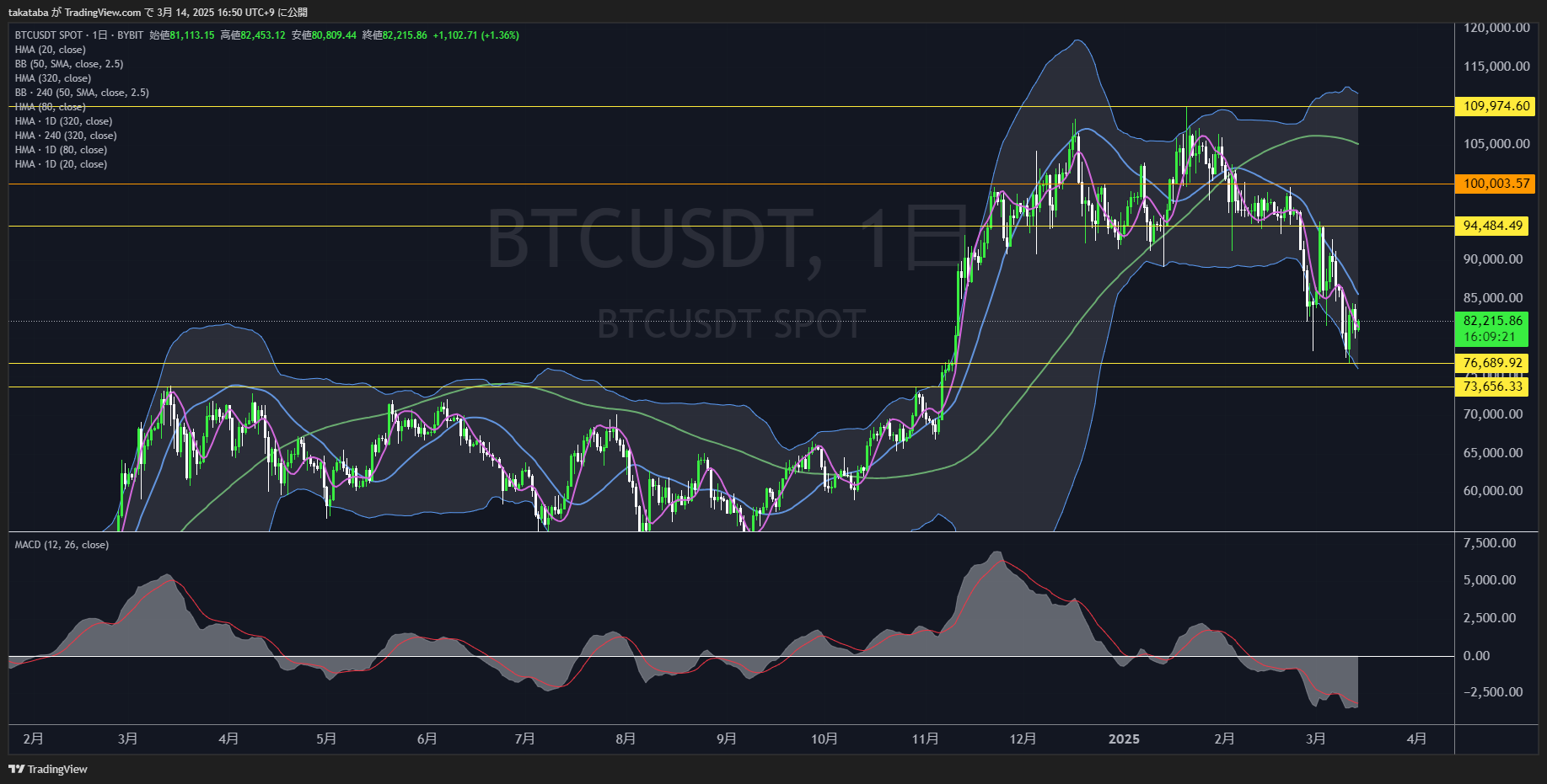 ビットコイン（BTC）-日足チャート分析2025年3月14日
長期的な下落押し目形成中
