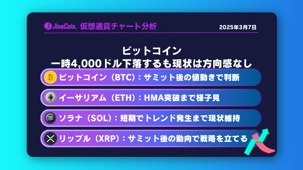 ビットコイン、一時4,000ドル下落するも現状は方向感なし　仮想通貨チャート分析：　ビットコイン（BTC）、イーサリアム（ETH）、ソラナ（SOL）、リップル（XRP）2025-03-07