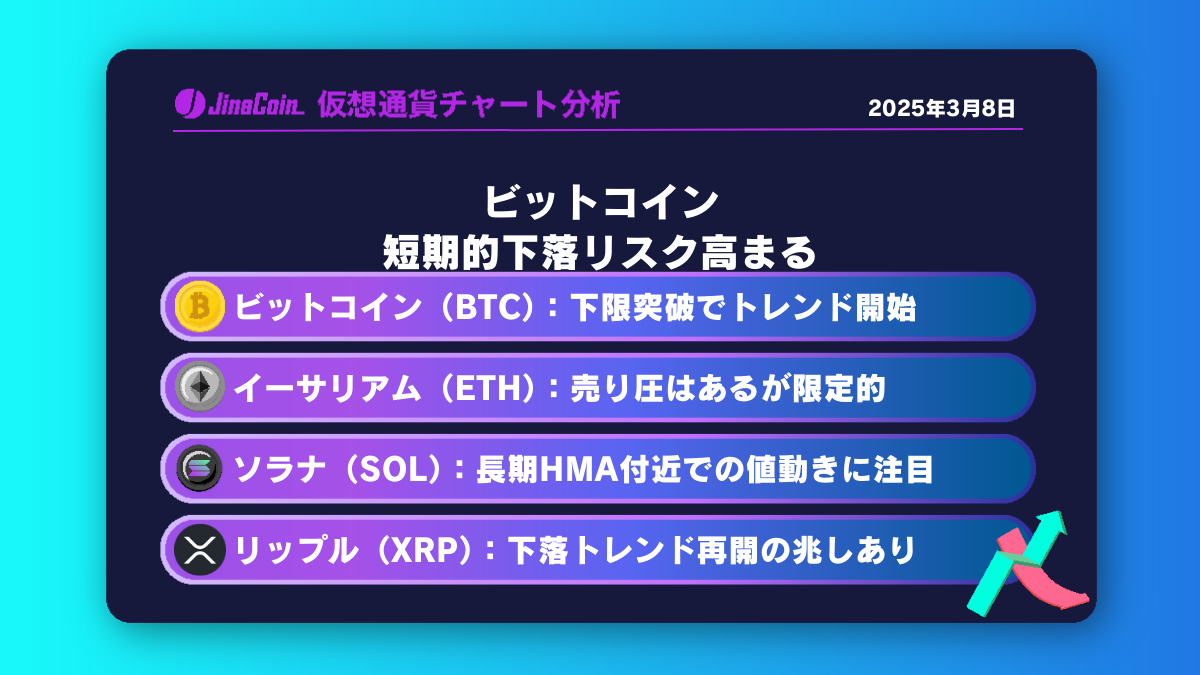 ビットコイン、短期的下落リスク高まる　仮想通貨チャート分析：　ビットコイン（BTC）、イーサリアム（ETH）、ソラナ（SOL）、リップル（XRP）2025-03-08