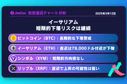 イーサリアム、短期的下落リスクは継続　仮想通貨チャート分析：　ビットコイン（BTC）、イーサリアム（ETH）、シンボル（XYM）、リップル（XRP）2025-03-12