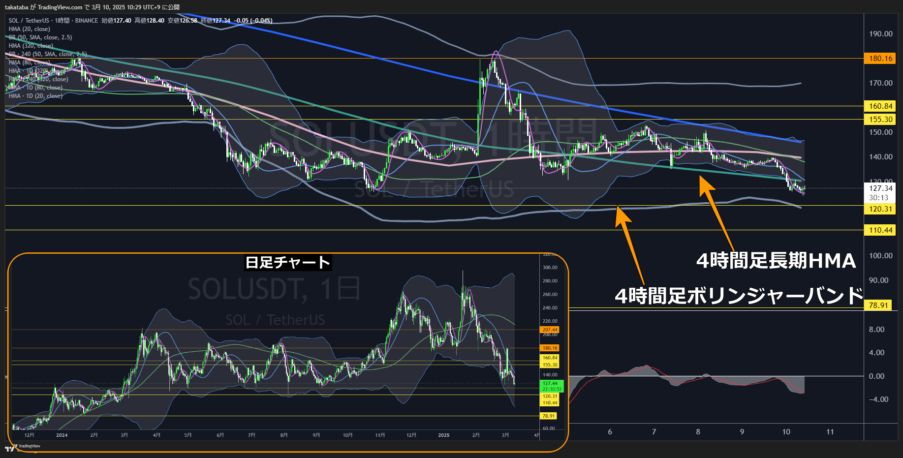 ソラナ（SOL）-1時間足チャート分析2025年3月10日
直近では120.31ドルから110.41ドル付近まで下落可能性あり
