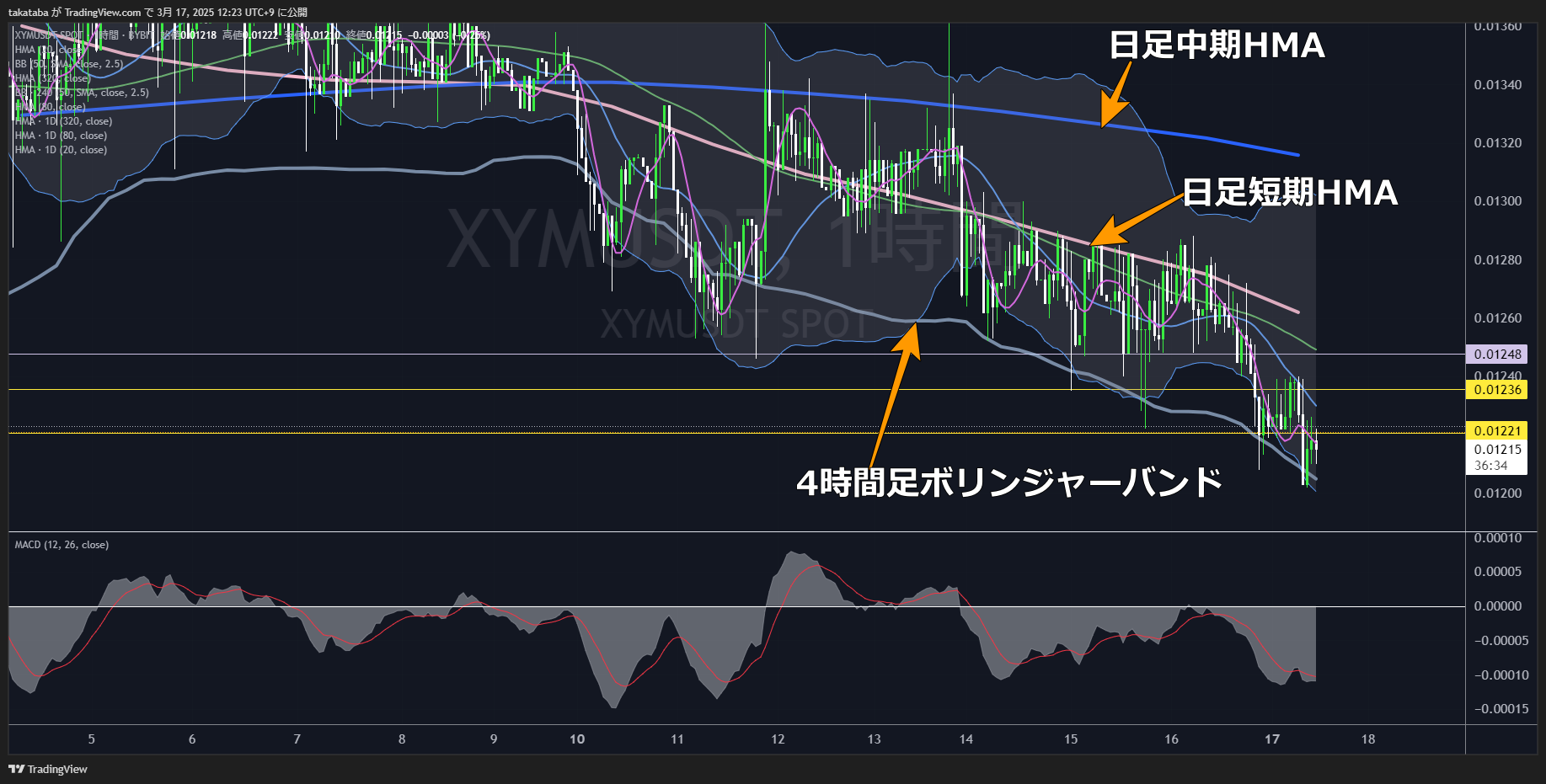 シンボル（XYM）-1時間足チャート分析2025年3月17日
最安値ライン突破するもゆっくりとした下落
