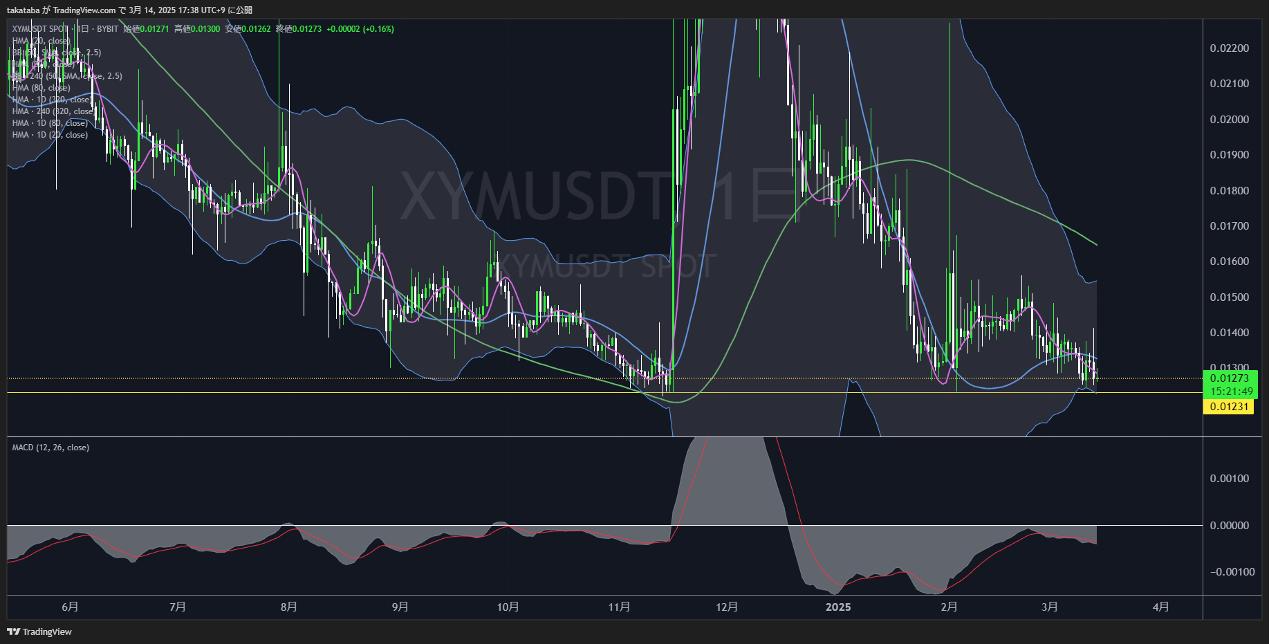 シンボル（XYM）日足チャート分析2025年3月14日
下落圧増、0.01231ドル付近まで下落するか？
