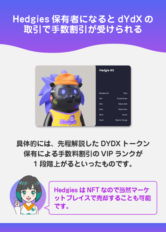 NFT「Hedgies」保有で受けられる手数料割引