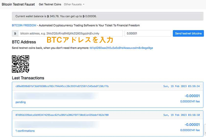 faucetからテスト用ビットコインをもらう