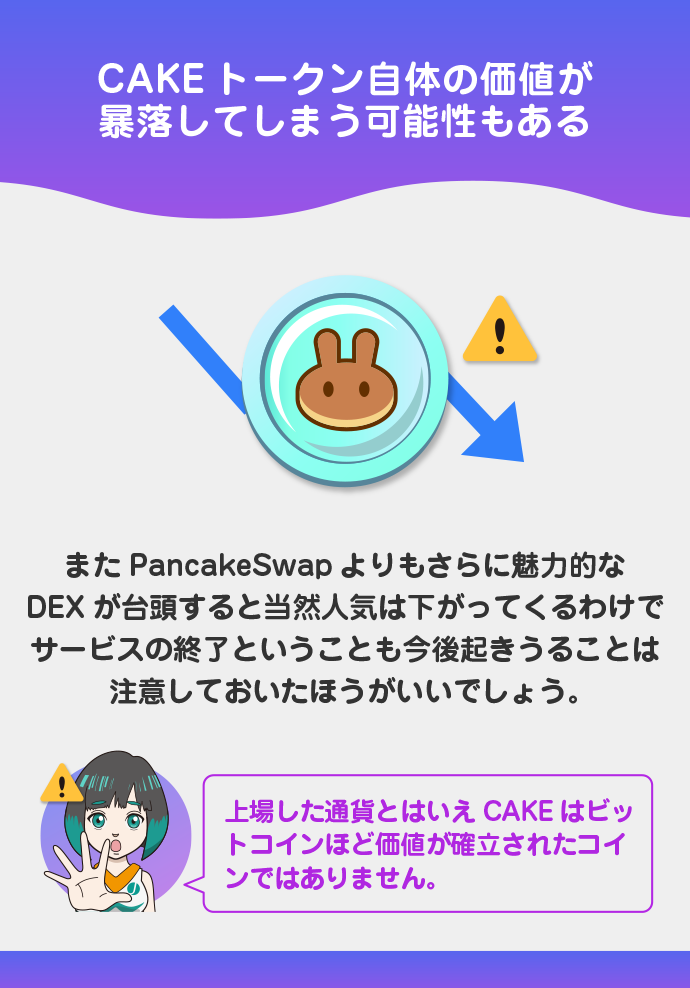 サービスの終了やCAKEトークン自体の価値が暴落してしまう可能性