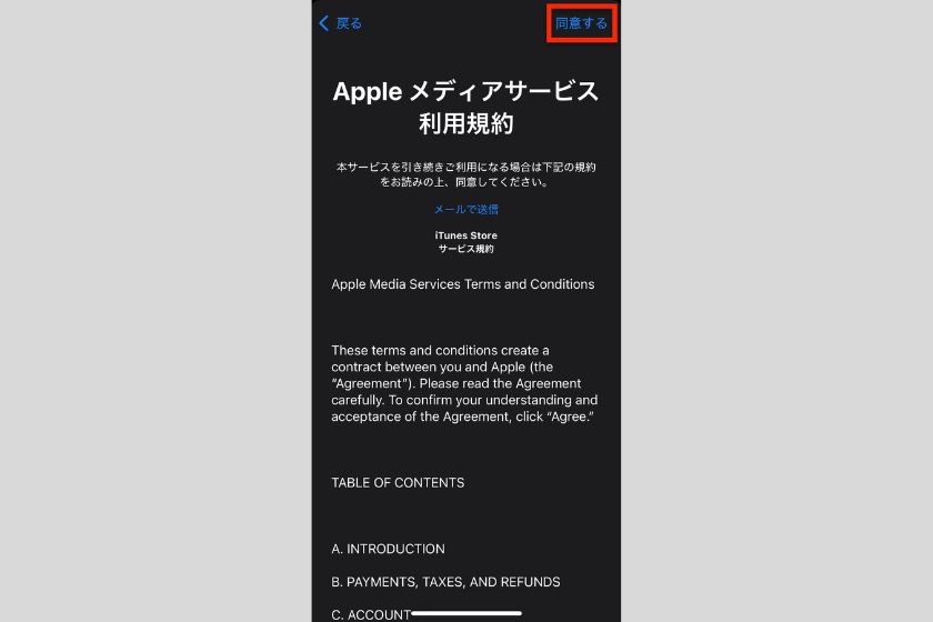 「Appleメディアサービス利用規約」が表示されるので「同意する」をクリックします。