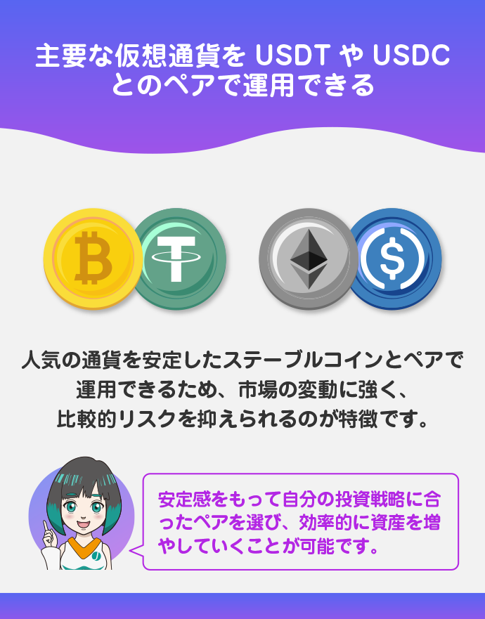 多くの通貨をUSDT、USDCとペアで運用できる