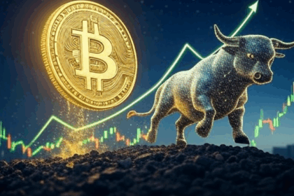 ビットコインの急騰と強気相場を象徴する金色のビットコインと雄牛、上昇するチャートを背景にしたイメージ