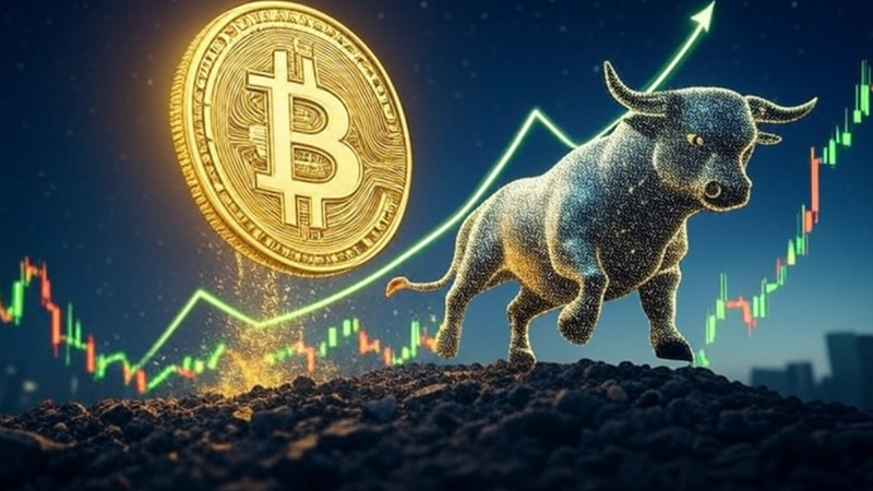 ビットコインの急騰と強気相場を象徴する金色のビットコインと雄牛、上昇するチャートを背景にしたイメージ