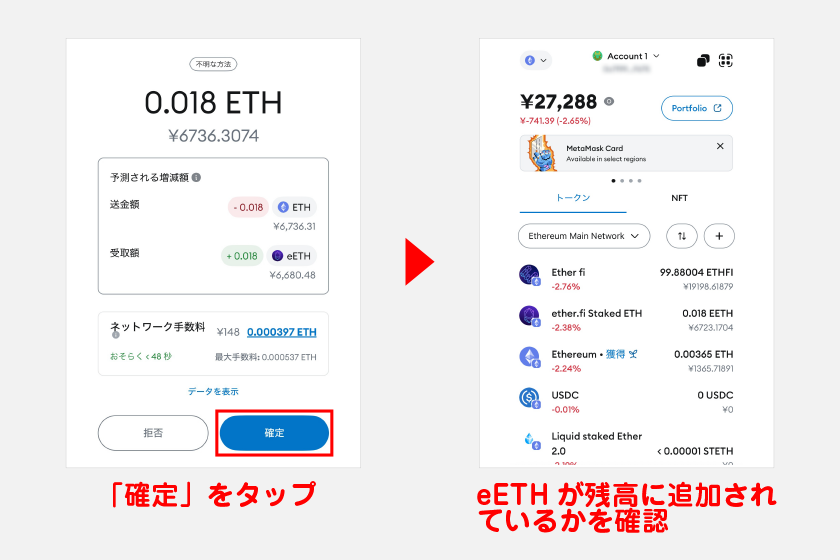 メタマスクで確認画面が表示されるので、「確定」をタップすればステーキング完了です。ステーキング完了後にメタマスクを開き、受け取ったeETHが残高に追加されているかを確認してください。