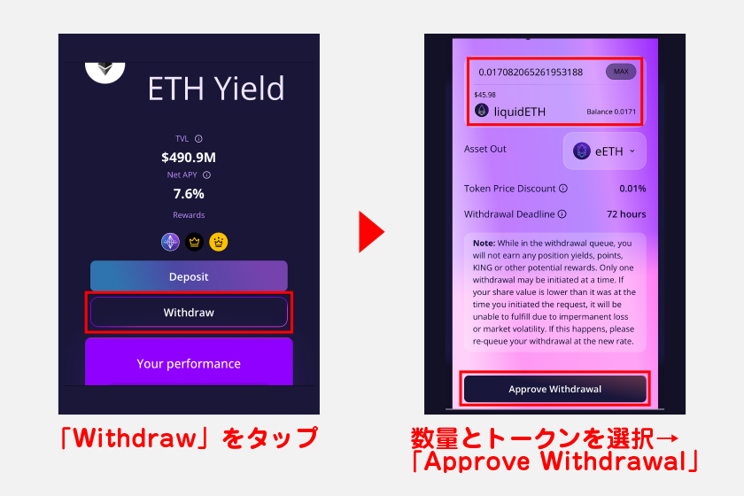 資産を引き出したい場合は、Liquidでデポジットした戦略画面で「Withdraw」をタップ。引き出し数量とトークンを選択後、「Approve Withdrawal」をタップして引き出しを進めてください。